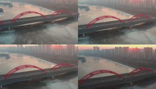 沈阳长青桥冬季日出航拍城市风光高清在线视频素材下载