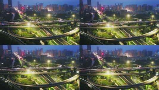 航拍夜晚杭州滨江城区时代大道中兴立交夜景高清在线视频素材下载