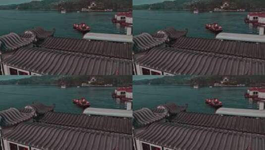 高清航拍码头船汽艇水库湖水划船唯美风景高清在线视频素材下载