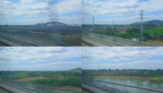 行驶中的高铁动车窗外乡村小镇景观高清在线视频素材下载