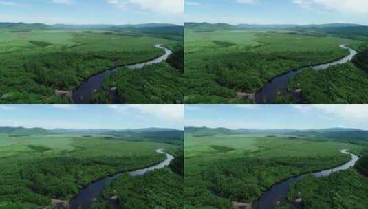 航拍绿色原野河湾风景高清在线视频素材下载