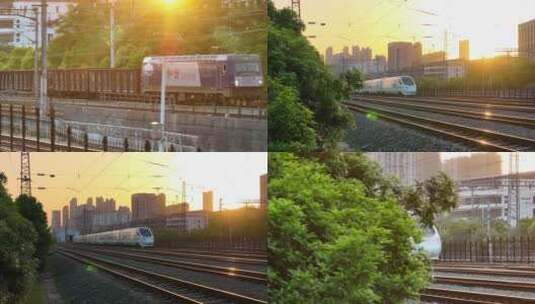 夕阳下的火车和高铁高清在线视频素材下载