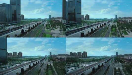 航拍西安浐灞奥体中心运行的高铁高清在线视频素材下载