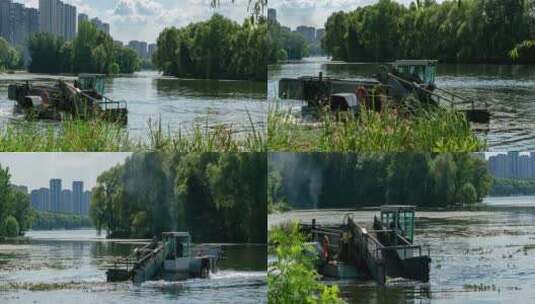 河道水域清洁水草垃圾保洁工作船高清在线视频素材下载