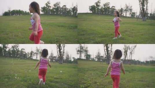 可爱小女孩在夏天草地上奔跑玩耍高清在线视频素材下载