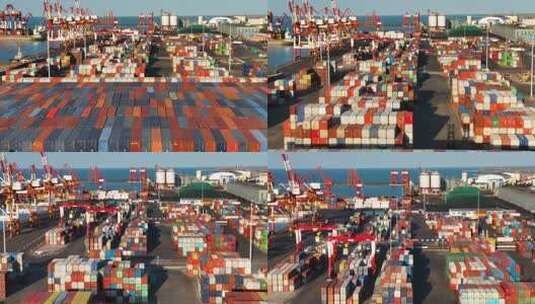 海边的码头集装箱堆积在一起等待运输高清在线视频素材下载