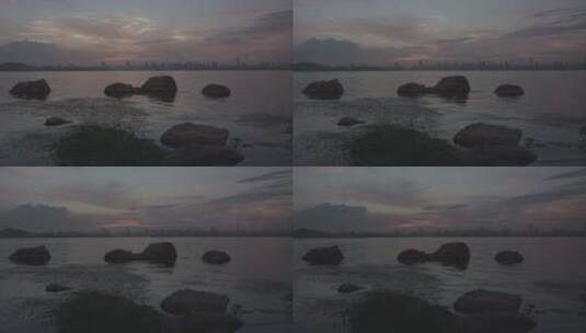 航拍武汉东湖梅园码头黄昏湖面高清在线视频素材下载