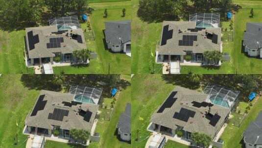 美国家庭屋顶安装太阳能电池板以生产清洁生态的鸟瞰图高清在线视频素材下载