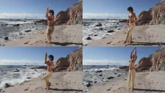 女孩在海边练瑜伽高清在线视频素材下载