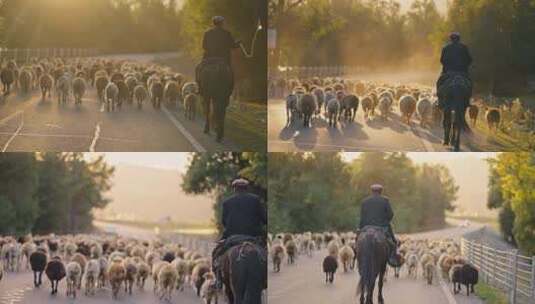 牧民赶羊唯美童话电影感新疆路伊犁羊群夕阳高清在线视频素材下载
