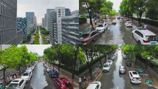 夏季暴雨城市街道路面积水4K高清在线视频素材下载