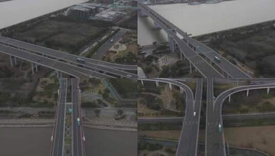 航拍公交穿过跨海大桥到城市高清在线视频素材下载