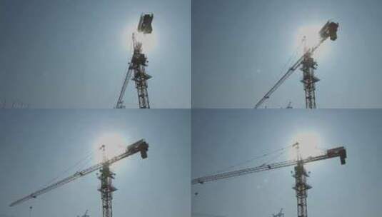 起重机吊车 塔吊机剪影 太阳直射高清在线视频素材下载