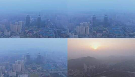航拍雾霾下的城市枣庄城高清在线视频素材下载