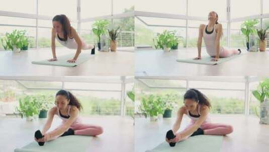 女人别墅客厅瑜伽身影健康生活地产高清在线视频素材下载