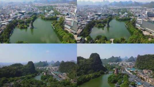 航拍广西桂林两江四湖日月双塔象鼻山木龙湖高清在线视频素材下载