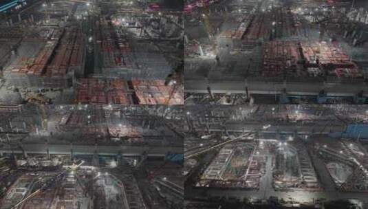 航拍鸟瞰上海松江枢纽建筑工地夜景高清在线视频素材下载