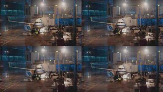 夜景雨天航站楼飞机停靠通道高清在线视频素材下载