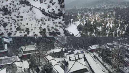 河南登封嵩山少林寺塔林山门雪景航拍高清在线视频素材下载