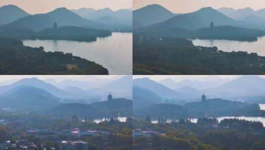 西湖雷峰塔景区大自然风光群山航拍杭州风景高清在线视频素材下载