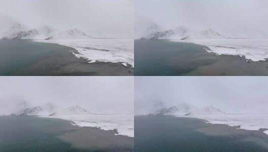 新疆喀拉库里湖喀湖下雪天航拍高清在线视频素材下载