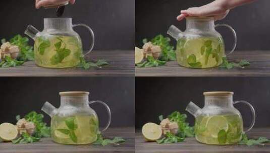 玻璃茶壶配柠檬薄荷热天然有机凉茶高清在线视频素材下载