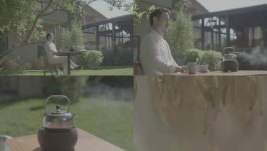 男子中式庭院中喝茶 茶道茶叶宣传片高清在线视频素材下载
