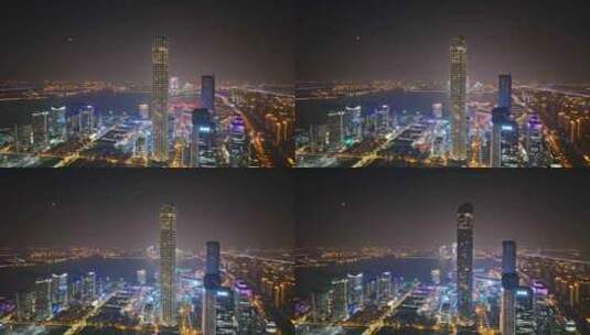 中国江苏苏州工业园区金鸡湖畔城市夜景航拍高清在线视频素材下载