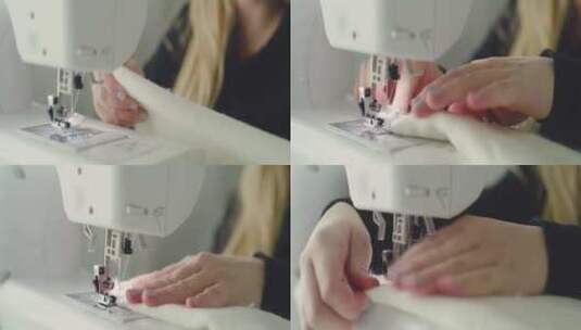 女人用她的缝纫机修剪毛茸茸的白色材料高清在线视频素材下载