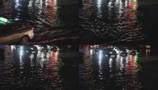 城市下雨道路积水夜间行车上摇高清在线视频素材下载