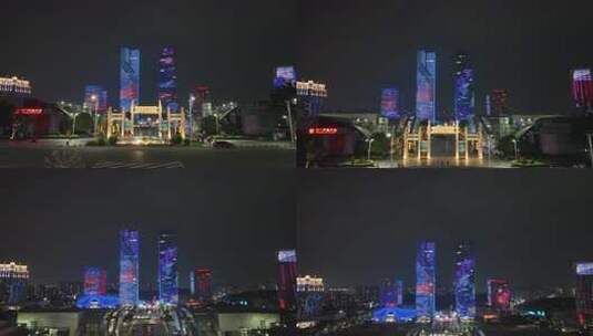 江门五邑华侨广场夜景航拍蓬江万达广场夜景高清在线视频素材下载