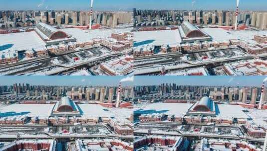 辽宁沈阳站航拍冬季城市雪景大范围延时高清在线视频素材下载