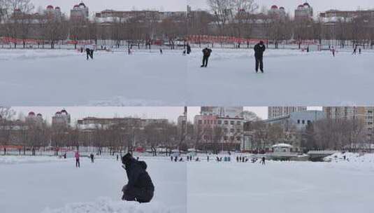 俯拍雪地冰场全景 有人在冰面活动高清在线视频素材下载