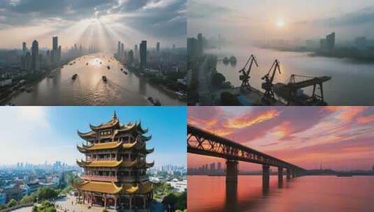 航拍武汉长江城市风光黄鹤楼高清在线视频素材下载