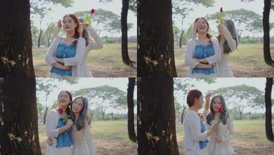 两位年轻的亚洲恋人用玫瑰带来由衷的惊喜。高清在线视频素材下载