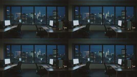 办公室窗外城市夜景商务加班场景视频高清在线视频素材下载