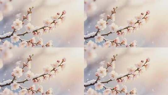 覆雪绽放的粉色花朵特写高清在线视频素材下载
