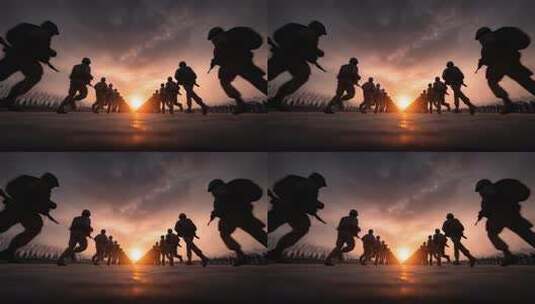 部队官兵迎着晨光奔跑训练高清在线视频素材下载