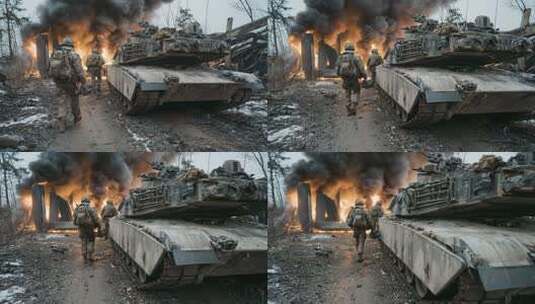 士兵伴随坦克于火场行进高清在线视频素材下载