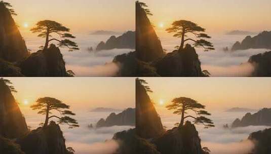 航拍黄山迎客松日出延时摄影黄山云海日出高清在线视频素材下载