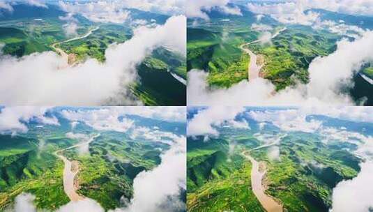 绿色山谷河流蜿蜒 云雾缭绕的山川河流航拍高清在线视频素材下载