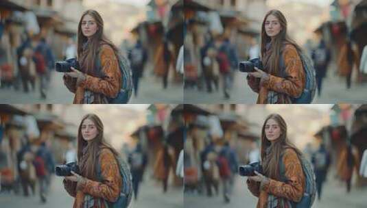 年轻女性旅行家街头摄影记录人文风情高清在线视频素材下载