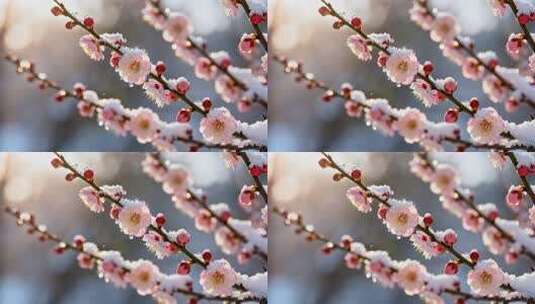 雪中盛开的粉色梅花特写高清在线视频素材下载