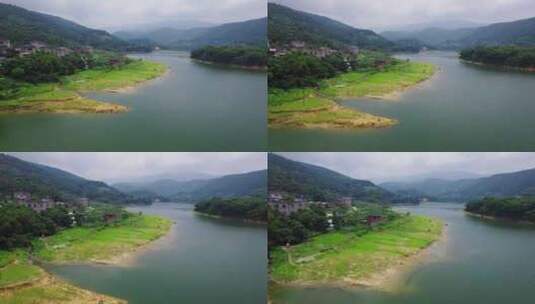 航拍大山里的农村湖光山色高清在线视频素材下载