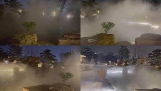 雾凇假山置景园艺夜景亮化高清在线视频素材下载