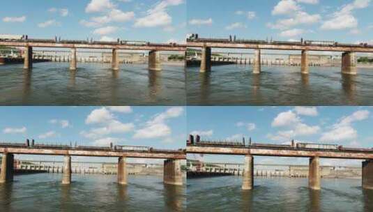 一座横跨河流大坝的铁路桥高清在线视频素材下载