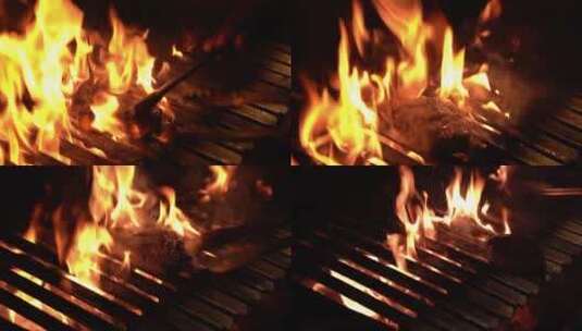 铁板上的明火烧烤高清在线视频素材下载