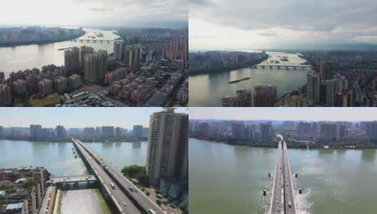广东清远北江大桥姐妹桥航拍高清在线视频素材下载