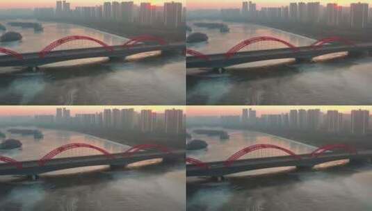 沈阳冬季浑河长青桥日出航拍高清在线视频素材下载