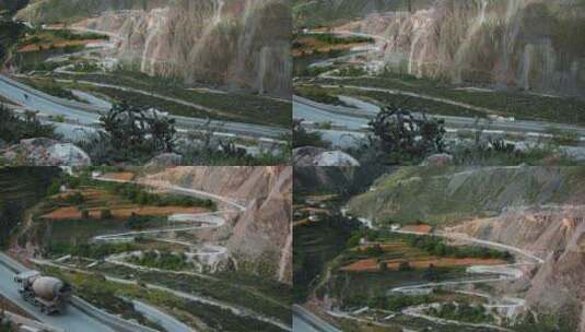 山路崎岖视频青藏高原蜿蜒曲折公路水泥罐车高清在线视频素材下载